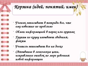 Корзина (идей, понятий, имен) Ученик записывает в тетради все, что ему извес