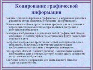 Кодирование графической информации Важным этапом кодирования графического изо