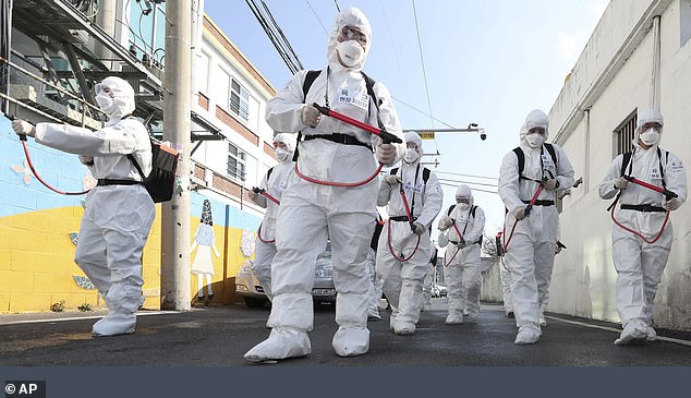 Human interventions like isolating and disinfecting areas where the virus was spreading fast may have largely stopped the most aggressive form of the virus (Pictured: South Korean military personnel disinfect streets in the city of Gyengan-dong)