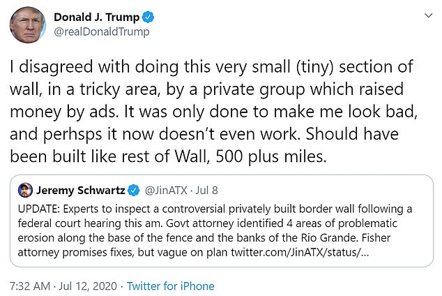 The White House pointed to this July 12 tweet from President Trump as proof he had disavowed the build the wall project Steve Bannon was involved with