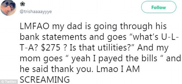 Brilliant: A woman convinced her husband that the word Ulta on their credit card statement really means utilities, earning herself a round of applause from social media users everywhere