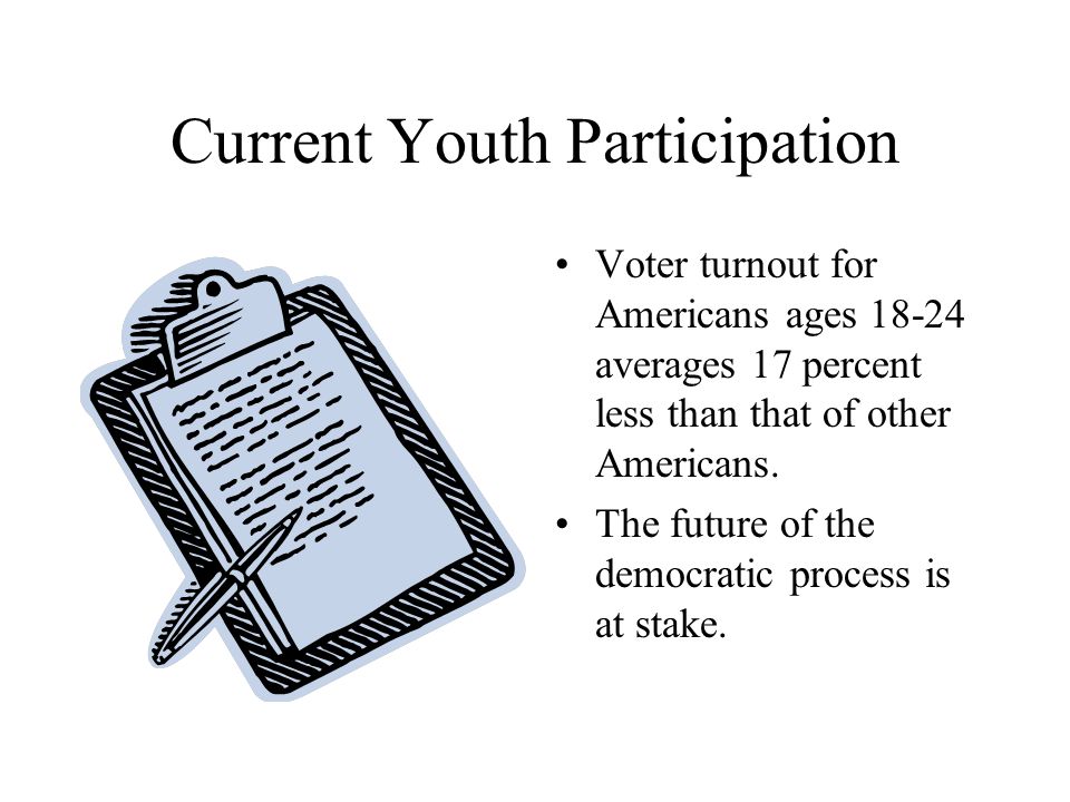 Current Youth Participation Voter turnout for Americans ages averages 17 percent less than that of other Americans.