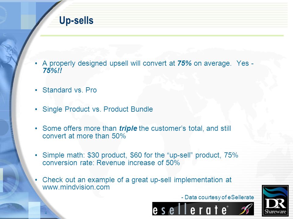 4 Up-sells A properly designed upsell will convert at 75% on average.