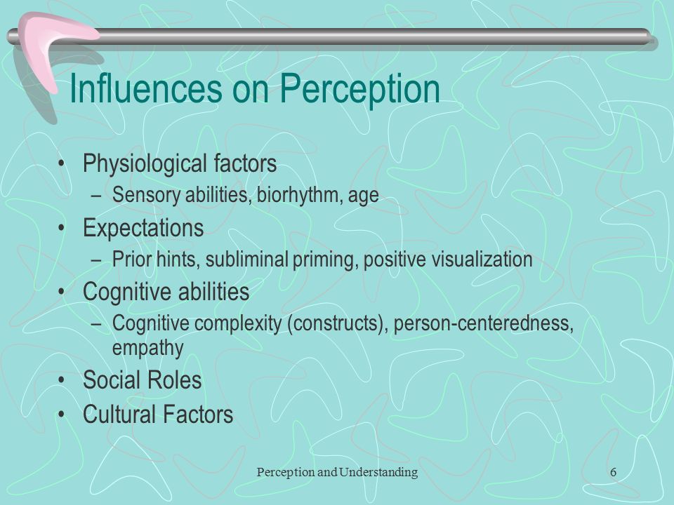 Perception and Understanding6 Influences on Perception Physiological factors –Sensory abilities, biorhythm, age Expectations –Prior hints, subliminal priming, positive visualization Cognitive abilities –Cognitive complexity (constructs), person-centeredness, empathy Social Roles Cultural Factors