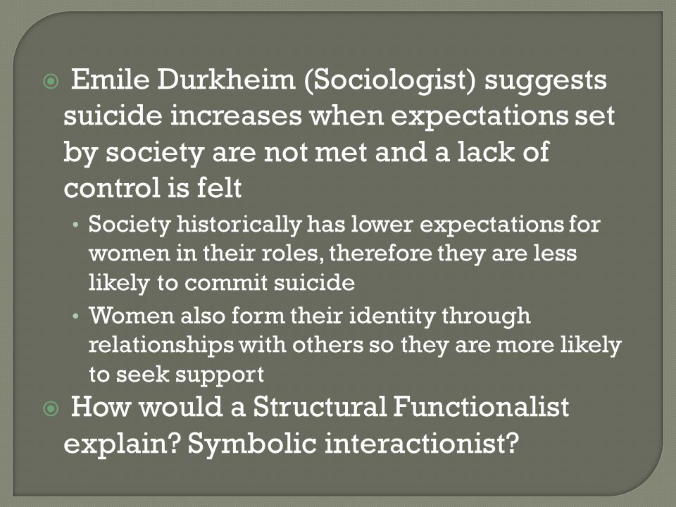  Emile Durkheim (Sociologist) suggests suicide increases when expectations set by society are not met and a lack of control is felt Society historically has lower expectations for women in their roles, therefore they are less likely to commit suicide Women also form their identity through relationships with others so they are more likely to seek support  How would a Structural Functionalist explain.
