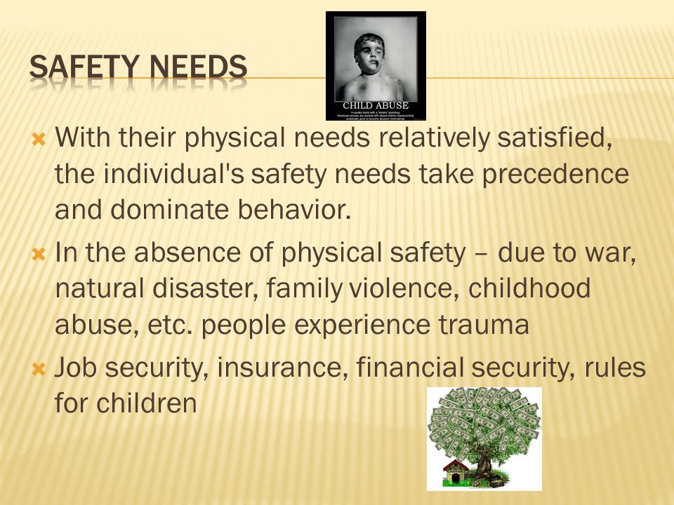  With their physical needs relatively satisfied, the individual s safety needs take precedence and dominate behavior.