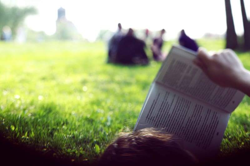 Reading book on a field