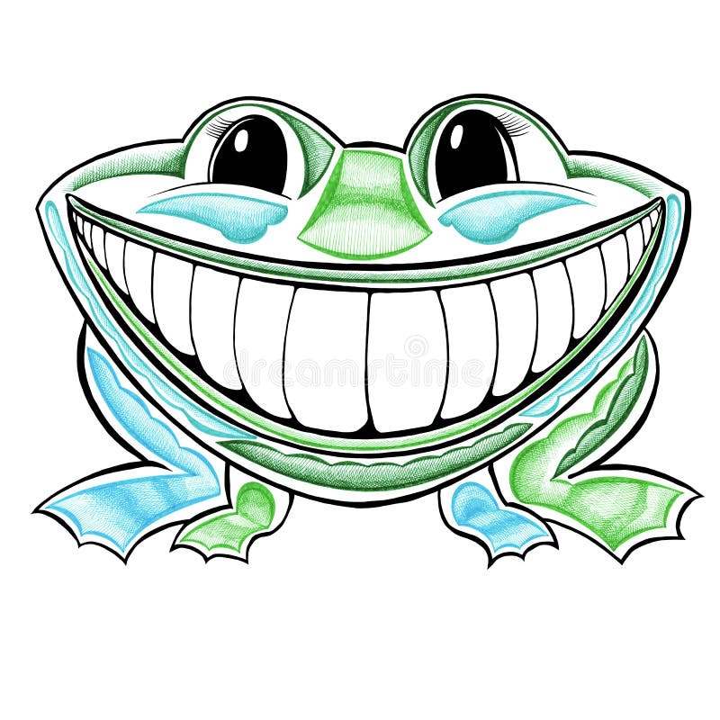 Funny frog smiling smile with big white teeth cartoon illustration. Retro style hand drawn sketch with colored markers of a magical green amphibian vector illustration