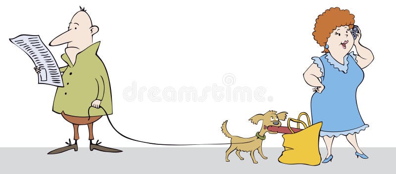 Funny scene in the street. Vector caricature. Funny scene in the street: read a man does not notice how his dog stealing sausages from a woman in conversation royalty free illustration