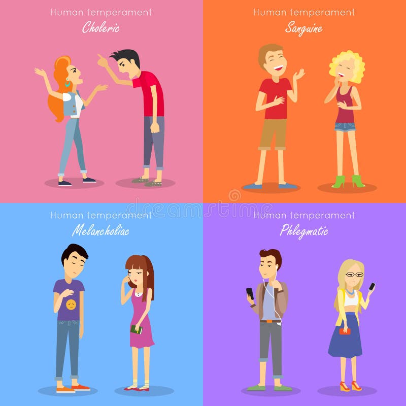 Human Temperament Fundamental Personality Types. Sanguine optimistic and social, choleric short-tempered or irritable, melancholic analytical and quiet vector illustration