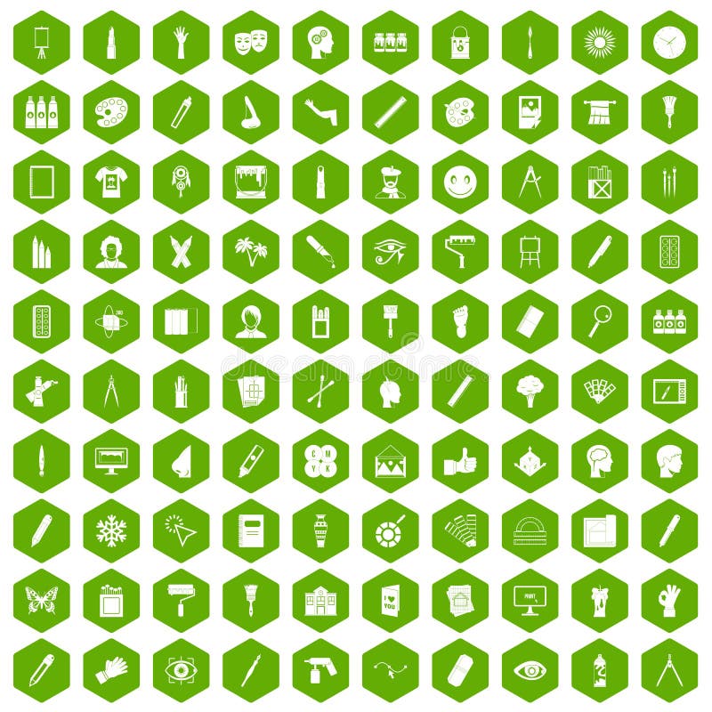 100 paint icons hexagon green. 100 paint icons set in green hexagon isolated vector illustration vector illustration