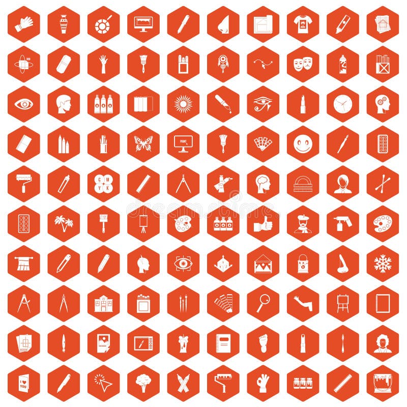 100 paint icons hexagon orange. 100 paint icons set in orange hexagon isolated vector illustration vector illustration