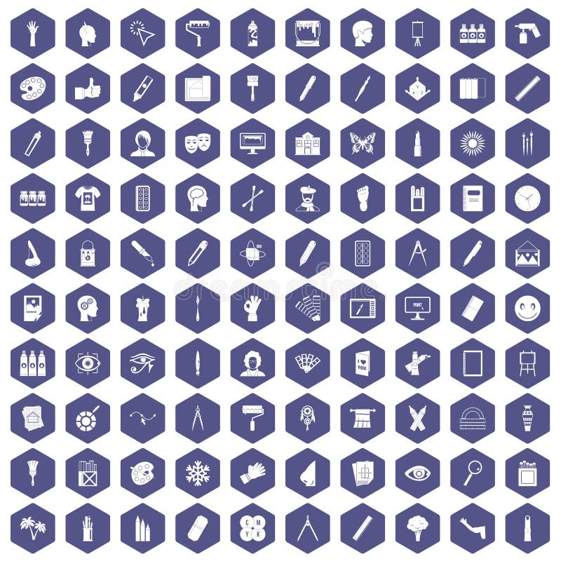 100 paint icons hexagon purple. 100 paint icons set in purple hexagon isolated vector illustration stock illustration