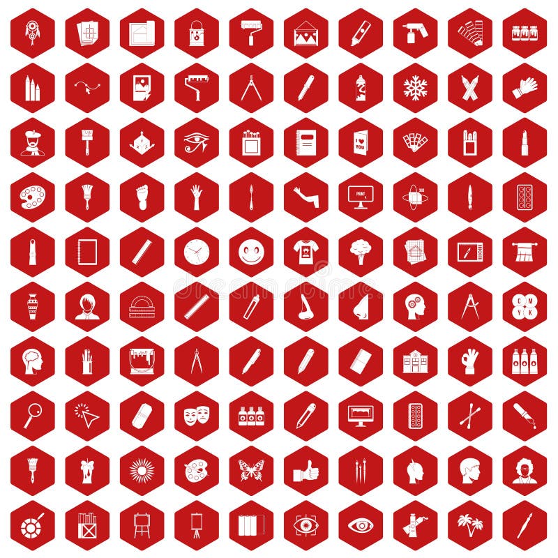 100 paint icons hexagon red. 100 paint icons set in red hexagon isolated vector illustration stock illustration