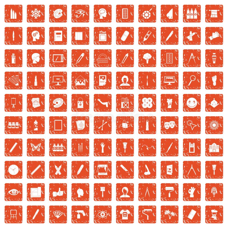 100 paint icons set grunge orange. 100 paint icons set in grunge style orange color isolated on white background vector illustration vector illustration