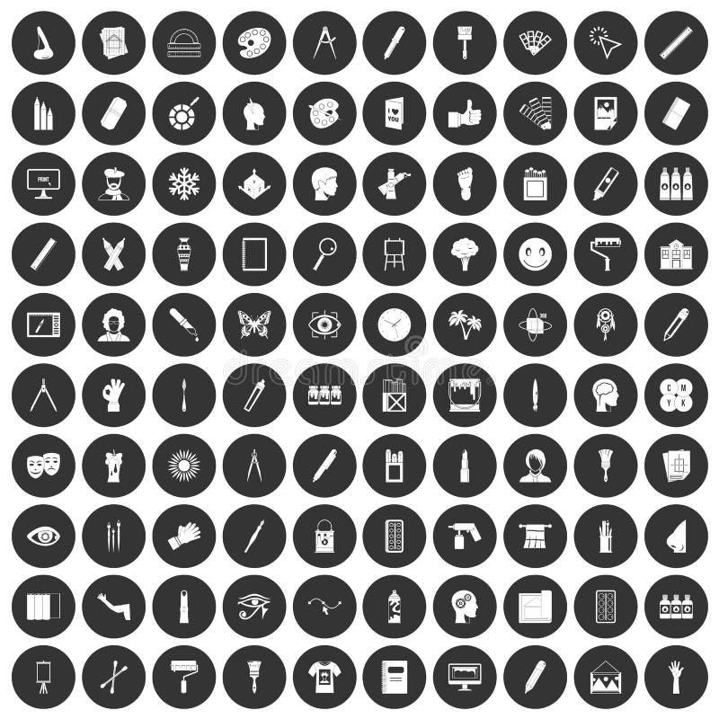 100 paint icons set black circle. 100 paint icons set in simple style white on black circle color isolated on white background vector illustration stock illustration