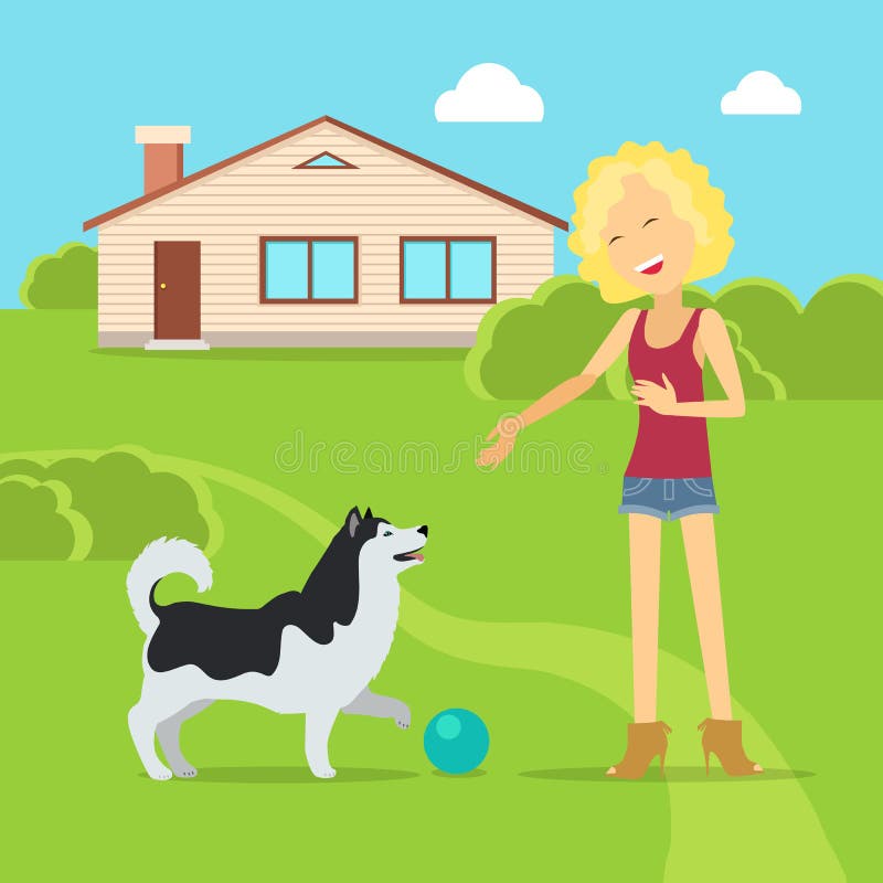 Sanguine Temperament Type Girl with Dog. Sanguine temperament type girl playing on the yard with her adorable dog. Happy and cheerful woman having fun with pet stock illustration