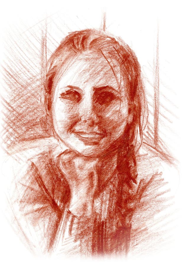 Sketch drawn by sanguine. Portrait of a young girl. Sketch drawn by sanguine. Portrait of a cute young girl vector illustration