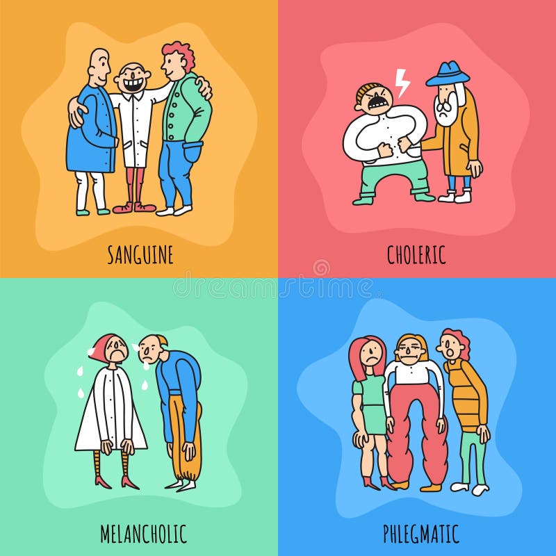Temperament Types Design Concept. Including persons with different behavior during communication isolated on color background vector illustration stock illustration