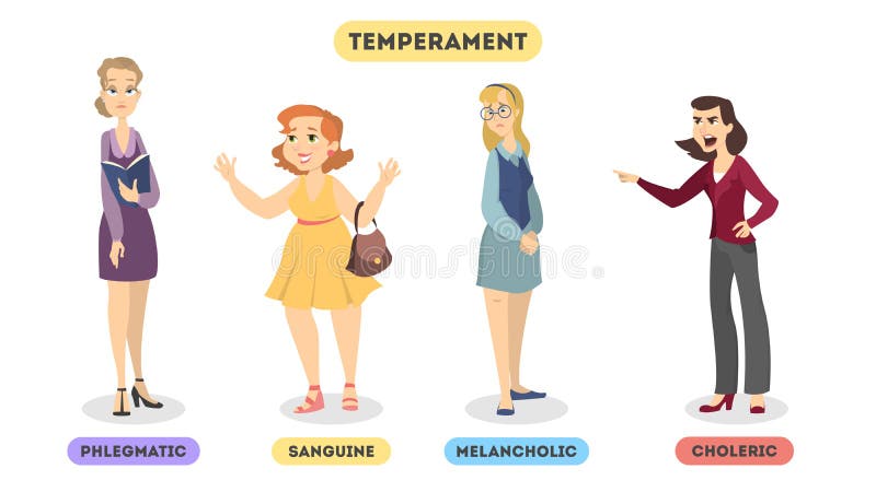 Types of temperaments. Sanguine and choleric, phlegmatic and melancholic vector illustration