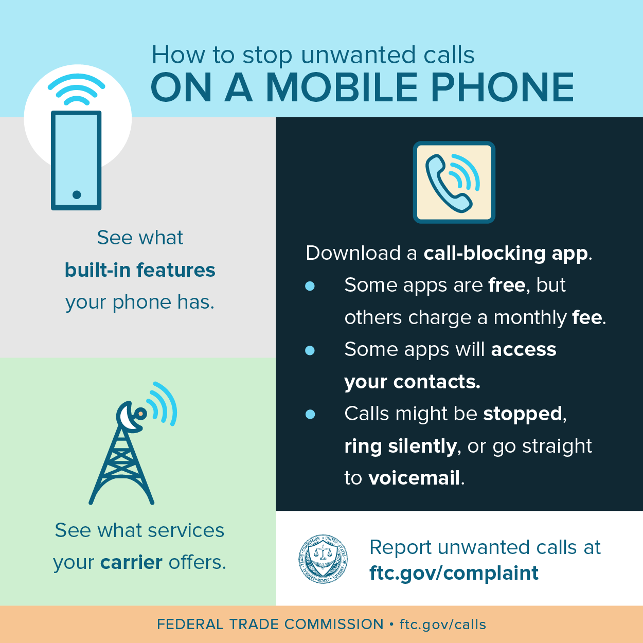 Graphic of how to stop unwanted calls on a mobile phone