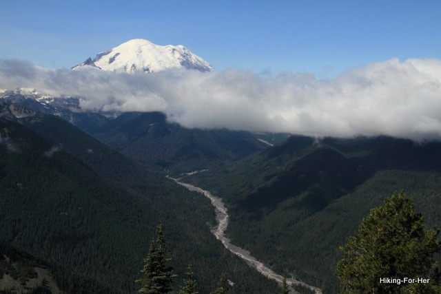 Snow capped Mt. Rainier and the glacial White River running down her flanks