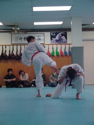 Taekwondo fighter kicking another fighter ducking on the ground