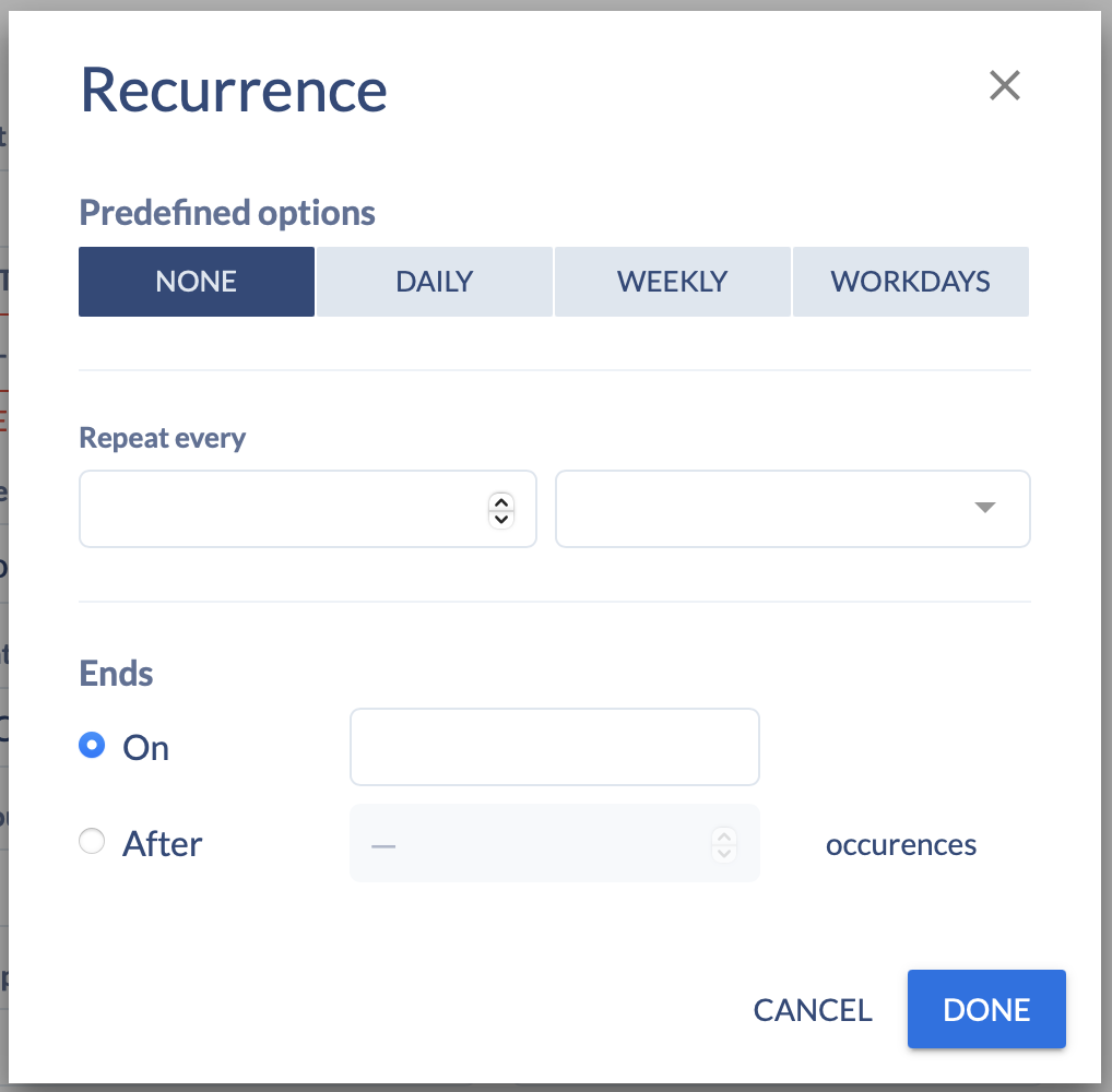 Screenshot depicting the recurrence popup