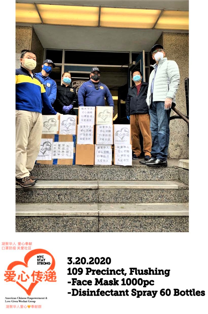 Shirley Chen and volunteers next to boxes of personal protective equipment