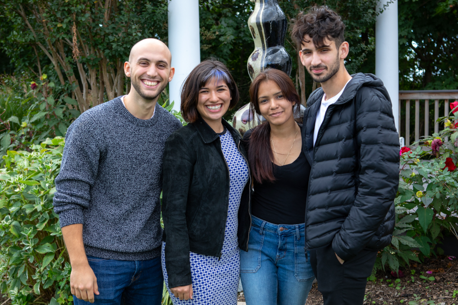 CRSP Mentees Nikola Baci (Mentored by Dr. Raul Armendariz), Jacquelyn Apostolo (Mentored by Dr. Amy Traver), and Britney Vasconcellos (Mentored by Dr. Andrew Nguyen) with Jason Bhimani